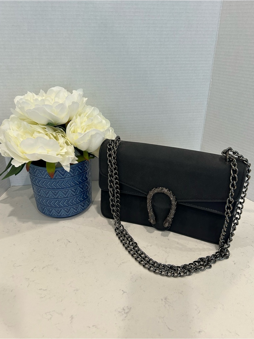 Black Suede Shoulder Bag with Gunmetal Chain and Decorative Clasp